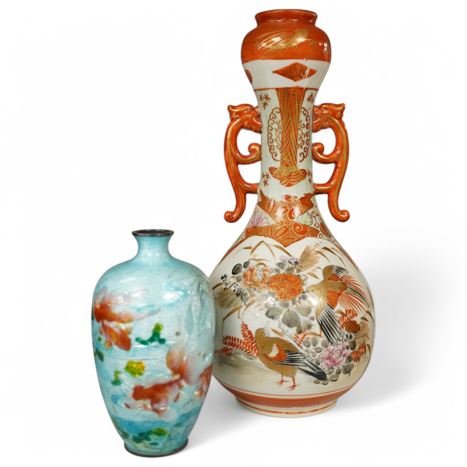 A Japanese kutani vase, 24.5cm high, and a ginbari cloisonné enamel vase decorated with goldfish, 12cm high. Condition - fair.